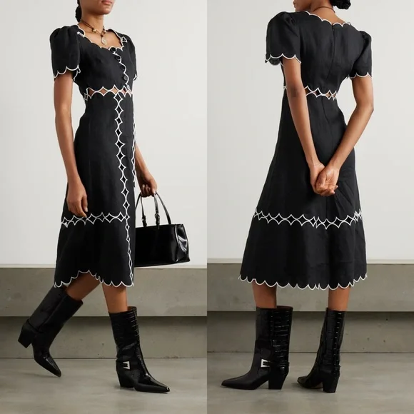 New Farm Rio Scalloped Cutout Linen Euroflax Maxi Dress Black White